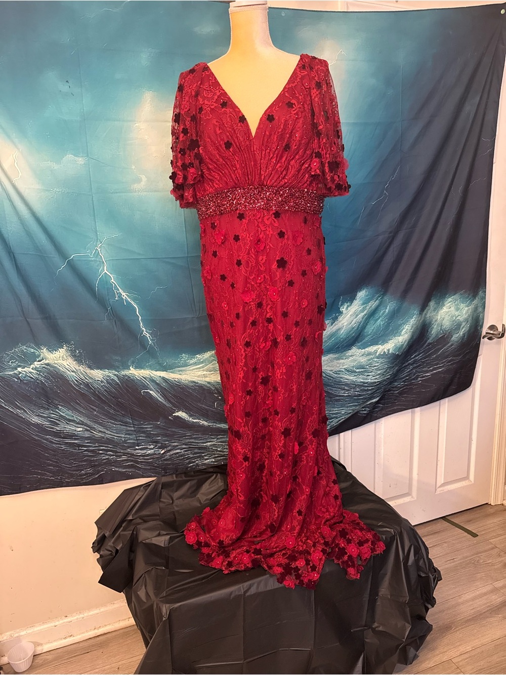 Mac Duggal Ruby Red Floral Appliqué Beaded V-Neck Maxi Dress